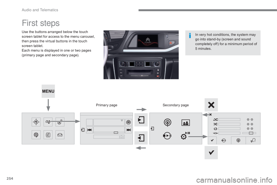 CITROEN C5 2020  Owners Manual 254
C5_en_Chap10b_SMEGplus_ed01-2016
First steps
Use the buttons arranged below the touch 
screen tablet for access to the menu carousel, 
then press the virtual buttons in the touch 
screen tablet.
E