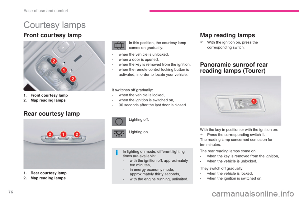 CITROEN C5 2020 Owners Manual 76
C5_en_Chap03_ergonomie-et-confort_ed01-2016
Map reading lamps
F With the ignition on, press the corresponding switch.
Panoramic sunroof rear
reading lamps (Tourer)
With the key in position or with CITROEN C5 2020 Owners Manual 76
C5_en_Chap03_ergonomie-et-confort_ed01-2016
Map reading lamps
F With the ignition on, press the corresponding switch.
Panoramic sunroof rear
reading lamps (Tourer)
With the key in position or with