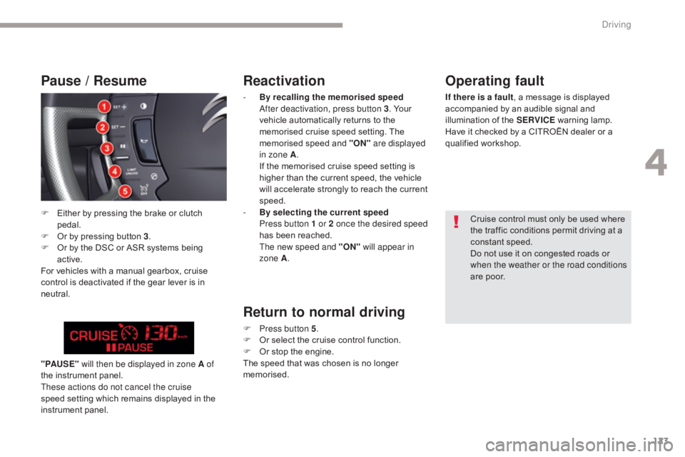 CITROEN C5 2019 Owners Manual 123
C5_en_Chap04_conduite_ed01-2016
Reactivation
- By recalling the memorised speed After deactivation, press button 3. Your
vehicle automatically returns to the
memorised cruise speed setting. The CITROEN C5 2019 Owners Manual 123
C5_en_Chap04_conduite_ed01-2016
Reactivation
- By recalling the memorised speed After deactivation, press button 3. Your
vehicle automatically returns to the
memorised cruise speed setting. The
