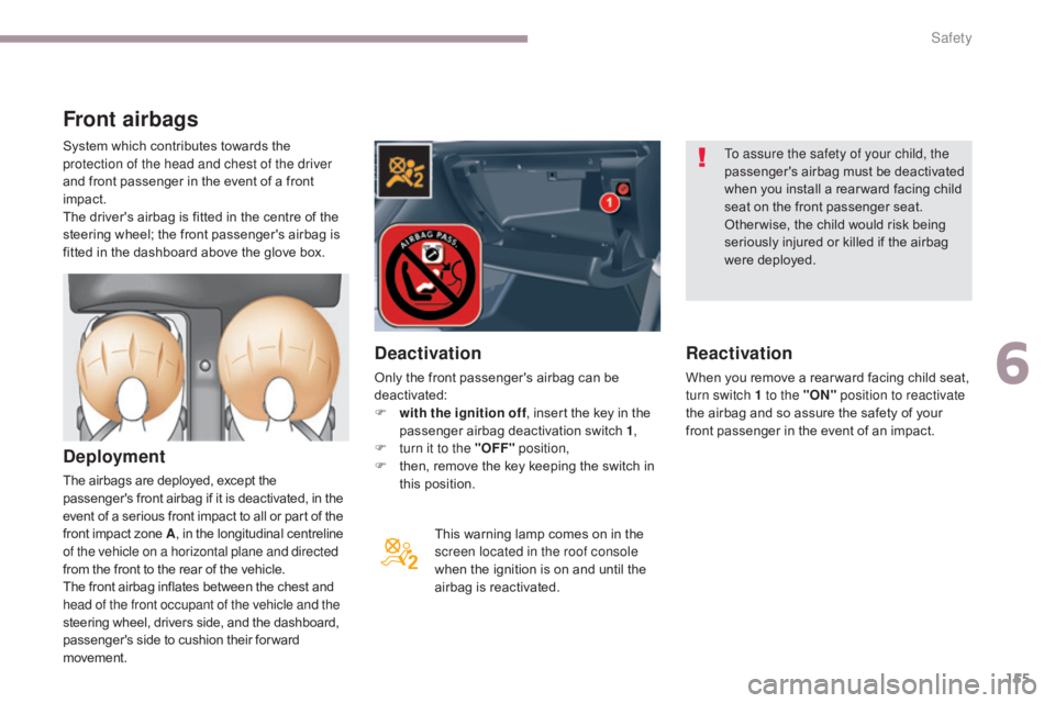 CITROEN C5 2019  Owners Manual 155
C5_en_Chap06_securite_ed01-2016
Front airbags
Deployment
The airbags are deployed, except the 
passenger's front airbag if it is deactivated, in the 
event of a serious front impact to all or 