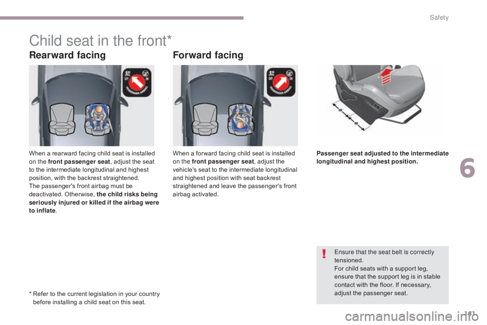CITROEN C5 2019  Owners Manual 161
C5_en_Chap06_securite_ed01-2016
Rearward facingForward facing
Child seat in the front*
Ensure that the seat belt is correctly 
tensioned.
For child seats with a support leg, 
ensure that the suppo