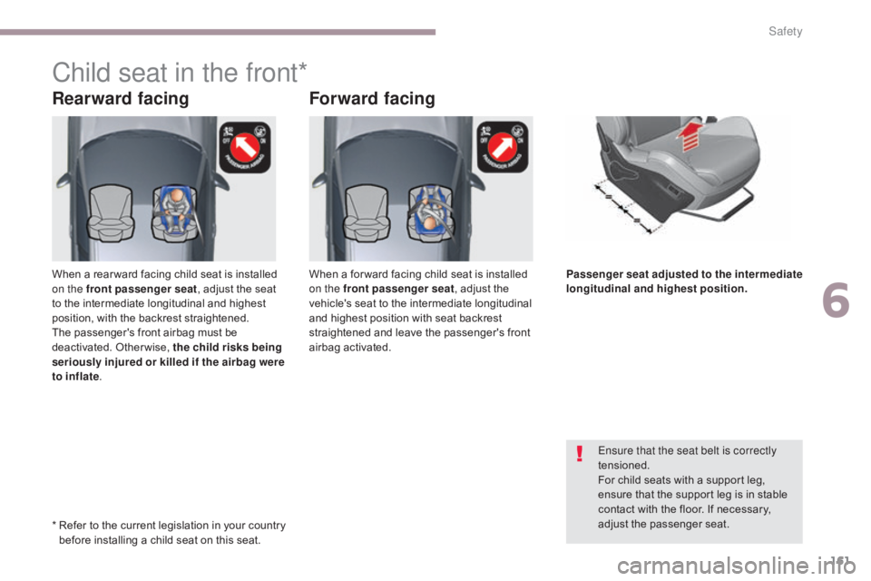 CITROEN C5 2019 Owners Manual 161
C5_en_Chap06_securite_ed01-2016
Rearward facingForward facing
Child seat in the front*
Ensure that the seat belt is correctly
tensioned.
For child seats with a support leg,
ensure that the suppo CITROEN C5 2019 Owners Manual 161
C5_en_Chap06_securite_ed01-2016
Rearward facingForward facing
Child seat in the front*
Ensure that the seat belt is correctly
tensioned.
For child seats with a support leg,
ensure that the suppo