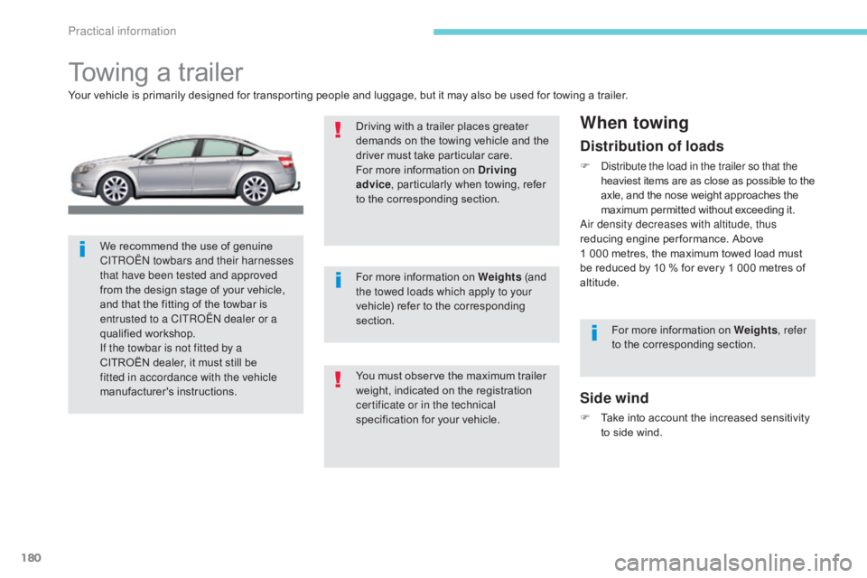 CITROEN C5 2019 Owners Manual 180
C5_en_Chap07_info-pratiques_ed01-2016
Towing a trailer
Your vehicle is primarily designed for transporting people and luggage, but it may also be used for towing a trailer.
Side wind
F Take into a CITROEN C5 2019 Owners Manual 180
C5_en_Chap07_info-pratiques_ed01-2016
Towing a trailer
Your vehicle is primarily designed for transporting people and luggage, but it may also be used for towing a trailer.
Side wind
F Take into a