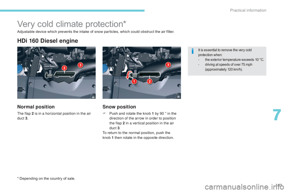 CITROEN C5 2019 Owners Manual 183
C5_en_Chap07_info-pratiques_ed01-2016
Very cold climate protection*
HDi 160 Diesel engine
Normal position
The flap 2 is in a horizontal position in the air
duct 3.
Snow position
F Push and rotate CITROEN C5 2019 Owners Manual 183
C5_en_Chap07_info-pratiques_ed01-2016
Very cold climate protection*
HDi 160 Diesel engine
Normal position
The flap 2 is in a horizontal position in the air
duct 3.
Snow position
F Push and rotate