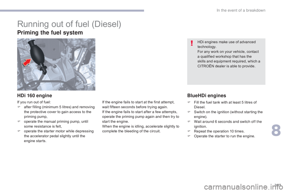 CITROEN C5 2019 Owners Manual 203
C5_en_Chap08_en-cas-de-panne_ed01-2016
HDi engines make use of advanced
technology.
For any work on your vehicle, contact
a qualified workshop that has the
skills and equipment required, which CITROEN C5 2019 Owners Manual 203
C5_en_Chap08_en-cas-de-panne_ed01-2016
HDi engines make use of advanced
technology.
For any work on your vehicle, contact
a qualified workshop that has the
skills and equipment required, which