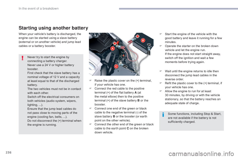 CITROEN C5 2019 Owners Manual 236
C5_en_Chap08_en-cas-de-panne_ed01-2016
Starting using another battery
When your vehicle's battery is discharged, the
engine can be started using a slave battery
(external or on another vehic CITROEN C5 2019 Owners Manual 236
C5_en_Chap08_en-cas-de-panne_ed01-2016
Starting using another battery
When your vehicle's battery is discharged, the
engine can be started using a slave battery
(external or on another vehic