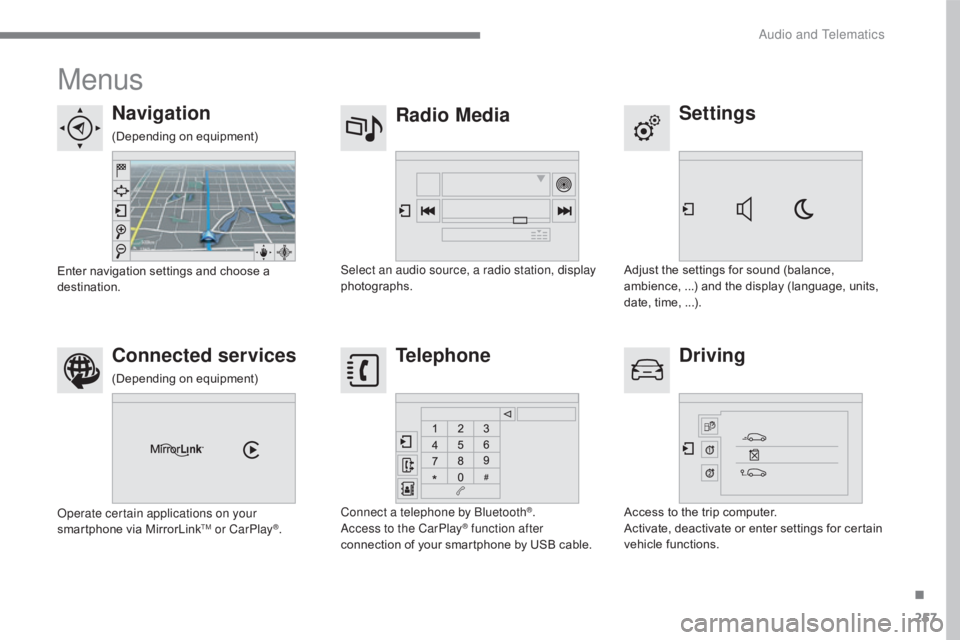 CITROEN C5 2019  Owners Manual 257
C5_en_Chap10b_SMEGplus_ed01-2016
Menus
Settings
Radio Media
Navigation
Driving
Connected services Telephone
Adjust the settings for sound (balance, 
ambience, ...) and the display (language, units