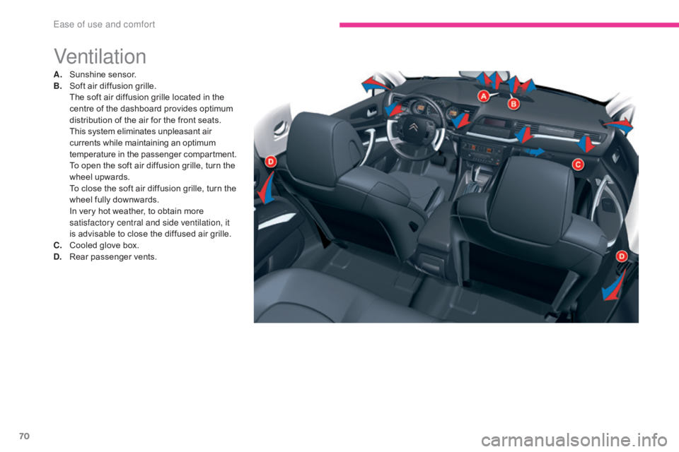 CITROEN C5 2019 Owners Manual 70
C5_en_Chap03_ergonomie-et-confort_ed01-2016
Ventilation
A. Sunshine sensor.
B. Soft air diffusion grille.
T
he soft air diffusion grille located in the
centre of the dashboard provides optimum
CITROEN C5 2019 Owners Manual 70
C5_en_Chap03_ergonomie-et-confort_ed01-2016
Ventilation
A. Sunshine sensor.
B. Soft air diffusion grille.
T
he soft air diffusion grille located in the
centre of the dashboard provides optimum