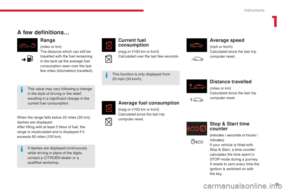 CITROEN C5 2018 Owners Manual 19
C5 _en_Chap01_instruments-bord_ed01-2016
A few definitions…
Range
(miles or km)
The distance which can still be
travelled with the fuel remaining
in the tank (at the average fuel
consumption s CITROEN C5 2018 Owners Manual 19
C5 _en_Chap01_instruments-bord_ed01-2016
A few definitions…
Range
(miles or km)
The distance which can still be
travelled with the fuel remaining
in the tank (at the average fuel
consumption s