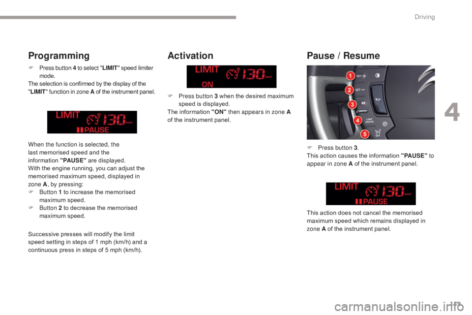 CITROEN C5 2013 Owners Manual 119
C5_en_Chap04_conduite_ed01-2016
F Press button 4 to select "LIMIT" speed limiter
mode.
The selection is confirmed by the display of the
" LIMIT " function in zone A of the instr CITROEN C5 2013 Owners Manual 119
C5_en_Chap04_conduite_ed01-2016
F Press button 4 to select "LIMIT" speed limiter
mode.
The selection is confirmed by the display of the
" LIMIT " function in zone A of the instr