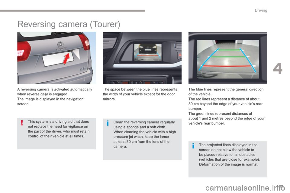 CITROEN C5 2013  Owners Manual 129
C5_en_Chap04_conduite_ed01-2016
Reversing camera (Tourer)
A reversing camera is activated automatically 
when reverse gear is engaged.
The image is displayed in the navigation 
screen.The space be