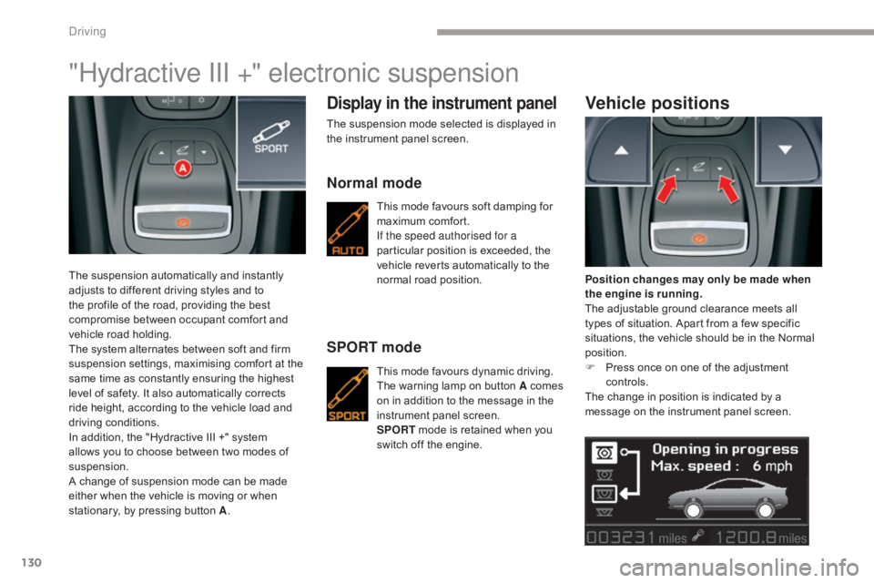 CITROEN C5 2013  Owners Manual 130
C5_en_Chap04_conduite_ed01-2016
"Hydractive III +" electronic suspension
The suspension automatically and instantly 
adjusts to different driving styles and to 
the profile of the road, pr