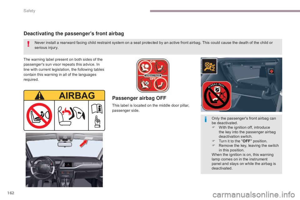 CITROEN C5 2013 Owners Manual 162
C5_en_Chap06_securite_ed01-2016
Passenger airbag OFF
The warning label present on both sides of the
passenger's sun visor repeats this advice. In
line with current legislation, the following CITROEN C5 2013 Owners Manual 162
C5_en_Chap06_securite_ed01-2016
Passenger airbag OFF
The warning label present on both sides of the
passenger's sun visor repeats this advice. In
line with current legislation, the following