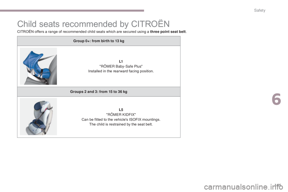 CITROEN C5 2013 Owners Manual 165
C5_en_Chap06_securite_ed01-2016
Child seats recommended by CITROËN
Group 0+: from bir th to 13 kgL1
"RÖMER Baby-Safe Plus"
Installed in the rear ward facing position.
Groups 2 and 3: f CITROEN C5 2013 Owners Manual 165
C5_en_Chap06_securite_ed01-2016
Child seats recommended by CITROËN
Group 0+: from bir th to 13 kgL1
"RÖMER Baby-Safe Plus"
Installed in the rear ward facing position.
Groups 2 and 3: f