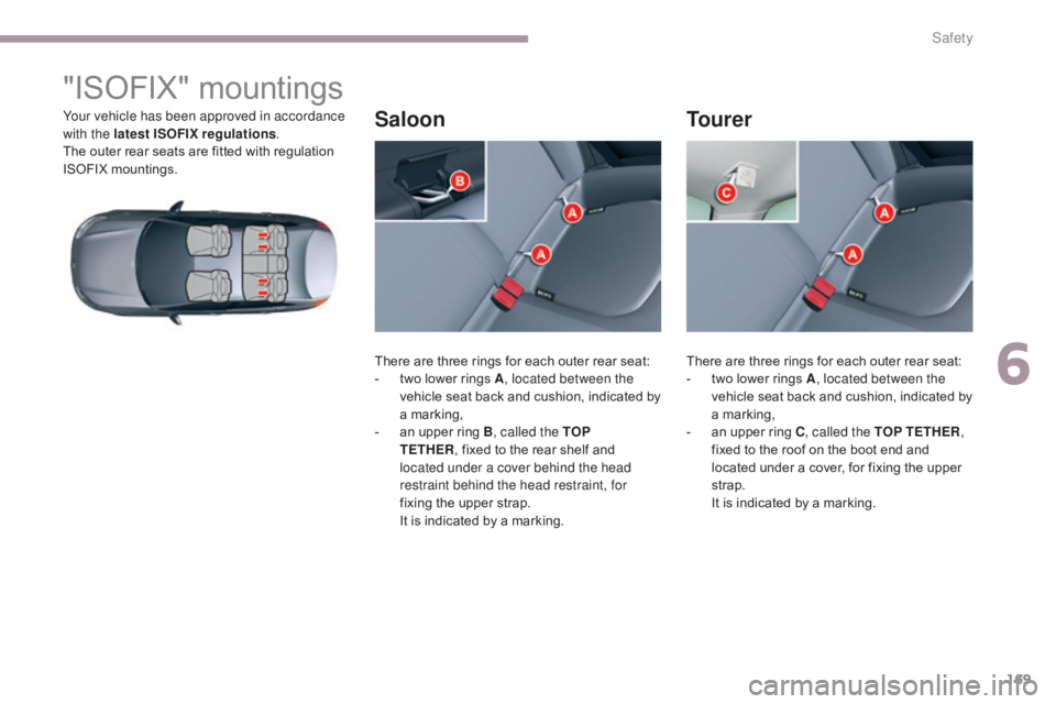 CITROEN C5 2013  Owners Manual 169
C5_en_Chap06_securite_ed01-2016
"ISOFIX" mountings
Your vehicle has been approved in accordance 
with the latest ISOFIX regulations.
The outer rear seats are fitted with regulation 
ISOFIX