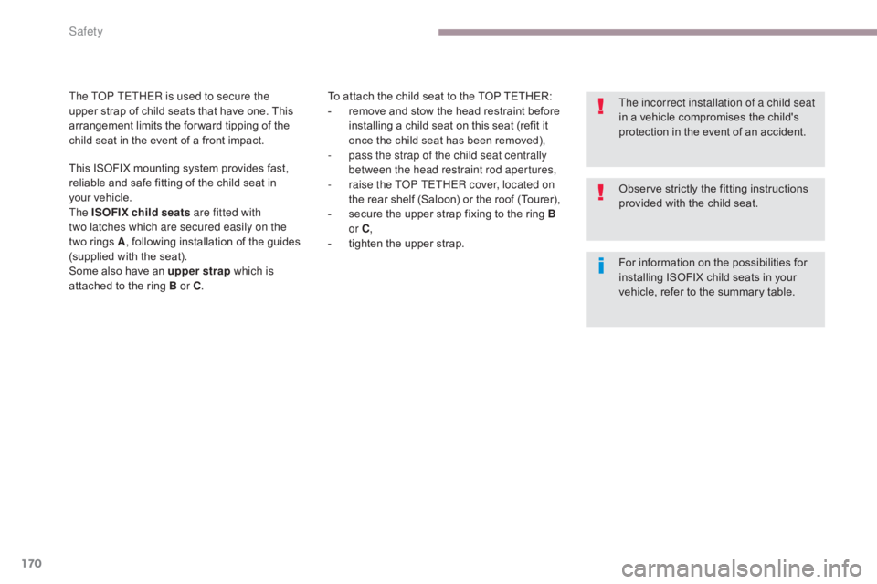 CITROEN C5 2013  Owners Manual 170
C5_en_Chap06_securite_ed01-2016
To attach the child seat to the TOP TETHER:
- r emove and stow the head restraint before 
installing a child seat on this seat (refit it 
once the child seat has be