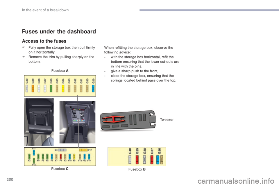 CITROEN C5 2013 Owners Manual 230
C5_en_Chap08_en-cas-de-panne_ed01-2016
Fuses under the dashboard
Access to the fuses
F Fully open the storage box then pull firmly on it horizontally,
F
R
emove the trim by pulling sharply on t CITROEN C5 2013 Owners Manual 230
C5_en_Chap08_en-cas-de-panne_ed01-2016
Fuses under the dashboard
Access to the fuses
F Fully open the storage box then pull firmly on it horizontally,
F
R
emove the trim by pulling sharply on t