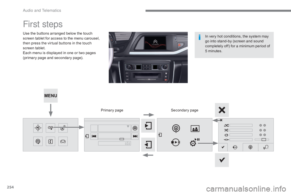 CITROEN C5 2013  Owners Manual 254
C5_en_Chap10b_SMEGplus_ed01-2016
First steps
Use the buttons arranged below the touch 
screen tablet for access to the menu carousel, 
then press the virtual buttons in the touch 
screen tablet.
E