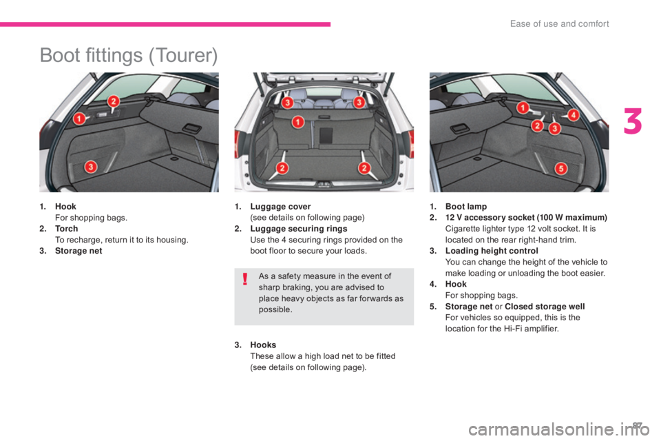 CITROEN C5 2013 Manual Online 87
C5_en_Chap03_ergonomie-et-confort_ed01-2016
Boot fittings (Tourer)
1. Hook
F or shopping bags.
2.
T
o r c h
T
o recharge, return it to its housing.
3.
Sto
rage net 1. Lu
ggage
cover (
CITROEN C5 2013 Manual Online 87
C5_en_Chap03_ergonomie-et-confort_ed01-2016
Boot fittings (Tourer)
1. Hook
F or shopping bags.
2.
T
o r c h
T
o recharge, return it to its housing.
3.
Sto
rage net 1. Lu
ggage
cover (