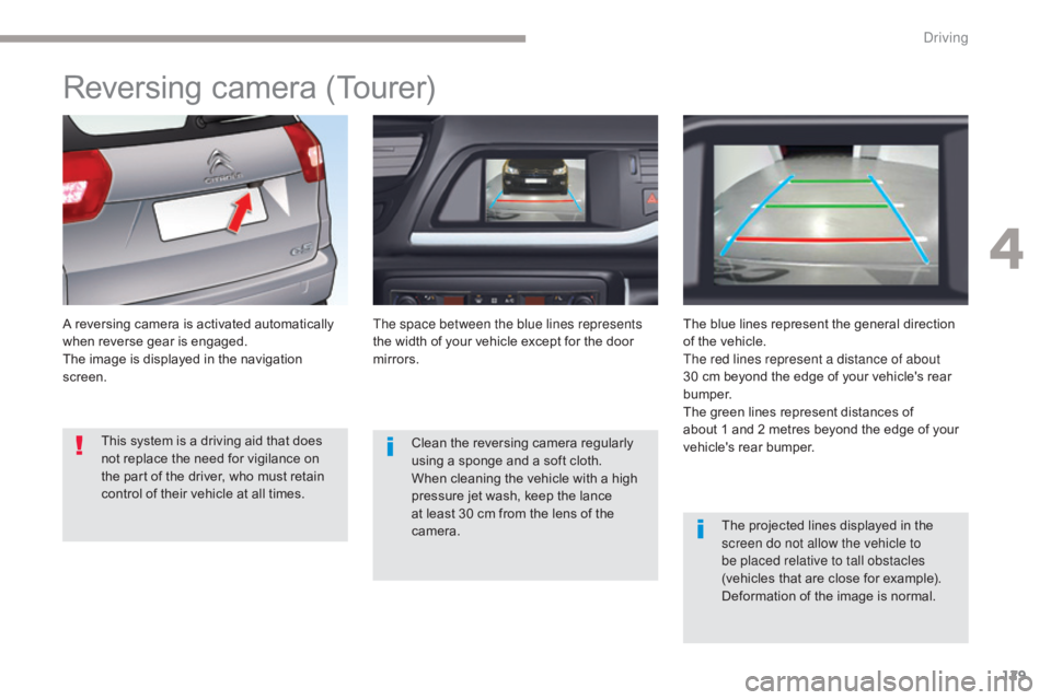CITROEN C5 2011  Owners Manual 129
C5_en_Chap04_conduite_ed01-2016
Reversing camera (Tourer)
A reversing camera is activated automatically 
when reverse gear is engaged.
The image is displayed in the navigation 
screen.The space be