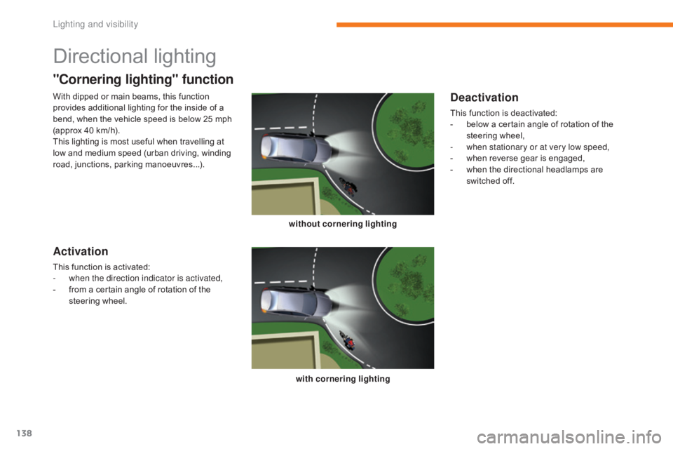 CITROEN C5 2011 Owners Manual 138
C5_en_Chap05_eclairage-et-visibilite_ed01-2016
Directional lighting
without cornering lightingwith cornering lighting
"Cornering lighting" function
Activation
This function is activated:
- CITROEN C5 2011 Owners Manual 138
C5_en_Chap05_eclairage-et-visibilite_ed01-2016
Directional lighting
without cornering lightingwith cornering lighting
"Cornering lighting" function
Activation
This function is activated:
-