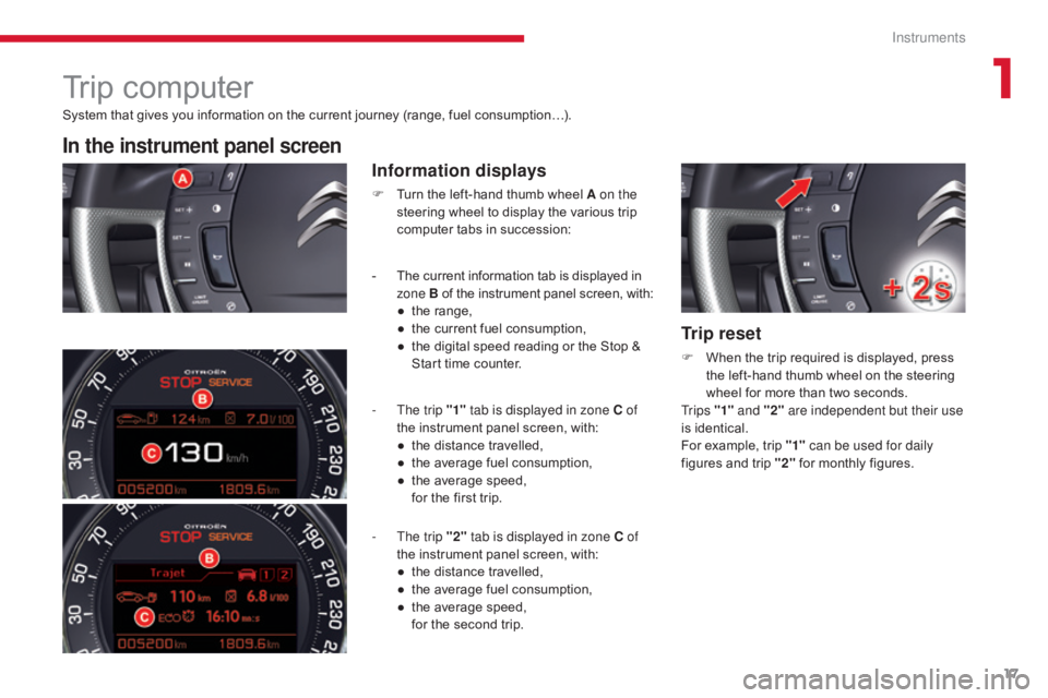 CITROEN C5 2011 Owners Manual 17
C5 _en_Chap01_instruments-bord_ed01-2016
System that gives you information on the current journey (range, fuel consumption…).
In the instrument panel screen
Information displays
F Turn the left-h CITROEN C5 2011 Owners Manual 17
C5 _en_Chap01_instruments-bord_ed01-2016
System that gives you information on the current journey (range, fuel consumption…).
In the instrument panel screen
Information displays
F Turn the left-h