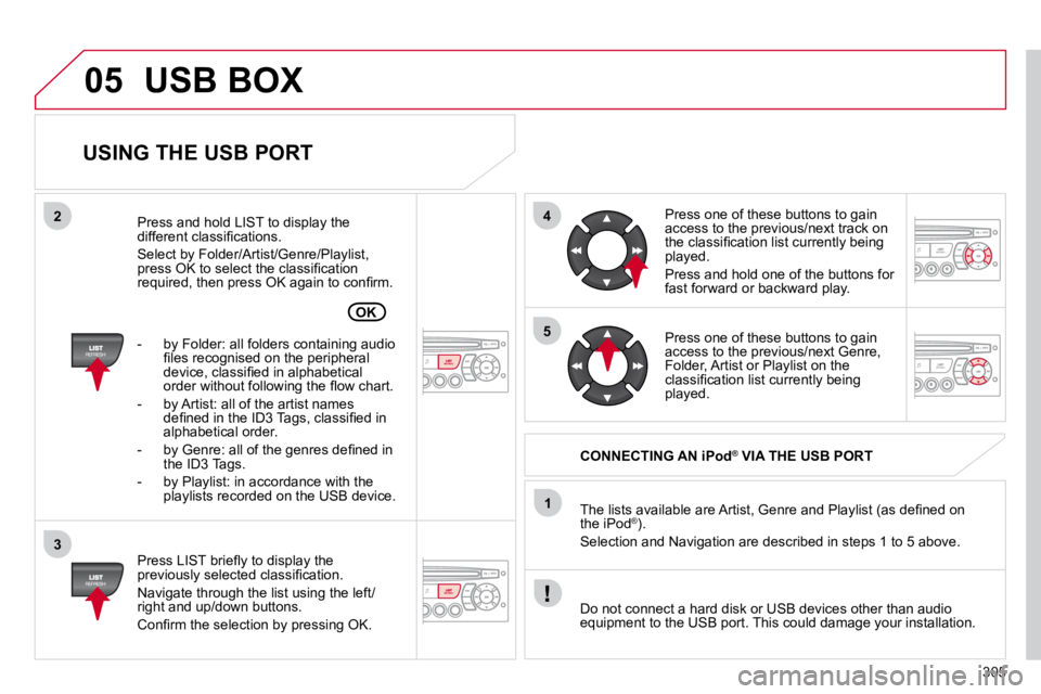 CITROEN C5 2010  Owners Manual 305
05
42
3
1
5
OK
 USB BOX 
  USING THE USB PORT 
� � �P�r�e�s�s� �L�I�S�T� �b�r�i�e�ﬂ� �y� �t�o� �d�i�s�p�l�a�y� �t�h�e� �p�r�e�v�i�o�u�s�l�y� �s�e�l�e�c�t�e�d� �c�l�a�s�s�i�ﬁ� �c�a�t�i�o�n�.� 
