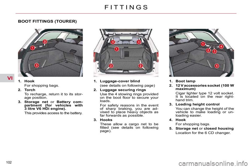 CITROEN C5 2009  Owners Manual VI
102 
�F �I �T �T �I �N �G �S
BOOT FITTINGS (TOURER) 
   
1.     Hook    
�  �F�o�r� �s�h�o�p�p�i�n�g� �b�a�g�s�.�  
  
2.     �T�o�r�c�h    
�  �T�o�  �r�e�c�h�a�r�g�e�,�  �r�e�t�u�r�n�  �i�t�  �t�