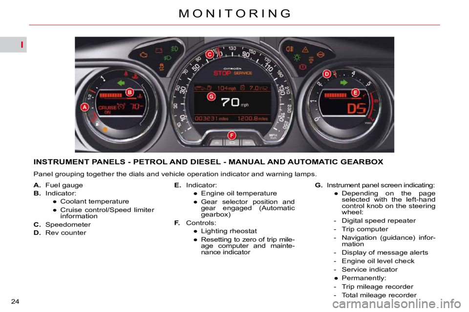 CITROEN C5 2009 Owners Manual I
�2�4�M �O �N �I �T �O �R �I �N �G
INSTRUMENT PANELS - PETROL AND DIESEL - MANUAL AND AUTOMATIC GEARB
OX 
� �P�a�n�e�l� �g�r�o�u�p�i�n�g� �t�o�g�e�t�h�e�r� �t�h�e� �d�i�a�l�s� �a�n�d� �v�e�h�i�c�l�e�