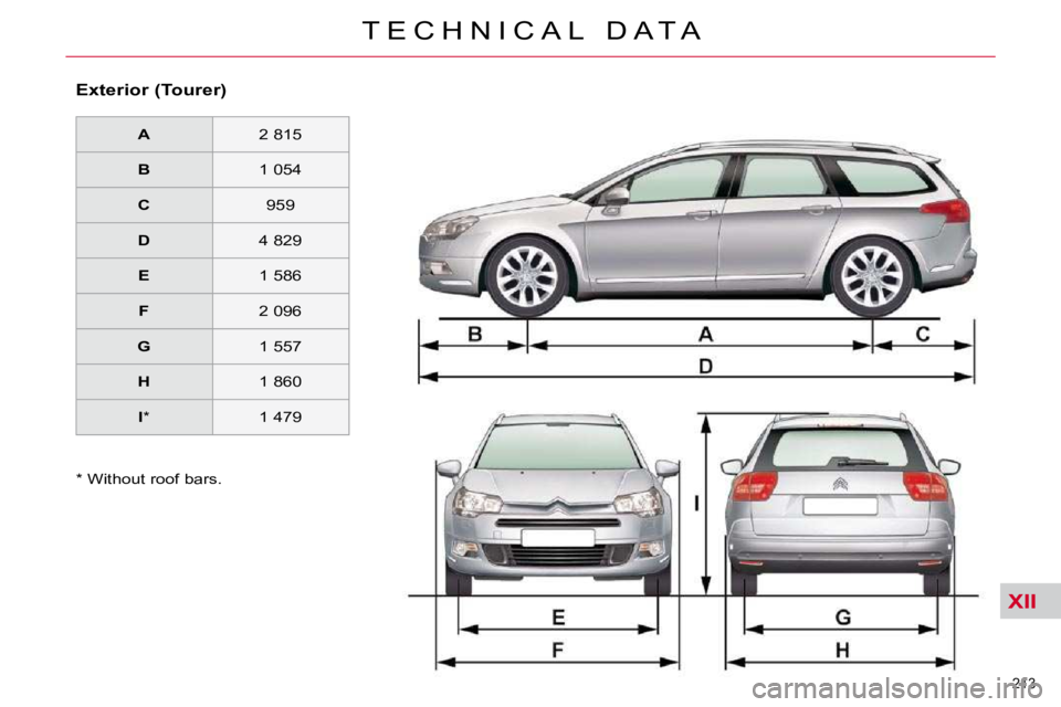 CITROEN C5 2009  Owners Manual XII
213 
�T �E �C �H �N �I �C �A �L �  �D �A �T �A
� � �E�x�t�e�r�i�o�r� �(�T�o�u�r�e�r�)� �    
A     � � �2� �8�1�5� � 
   
B     � � �1� �0�5�4� � 
   
C       959  
   
D     � � �4� �8�2�9� � 
  