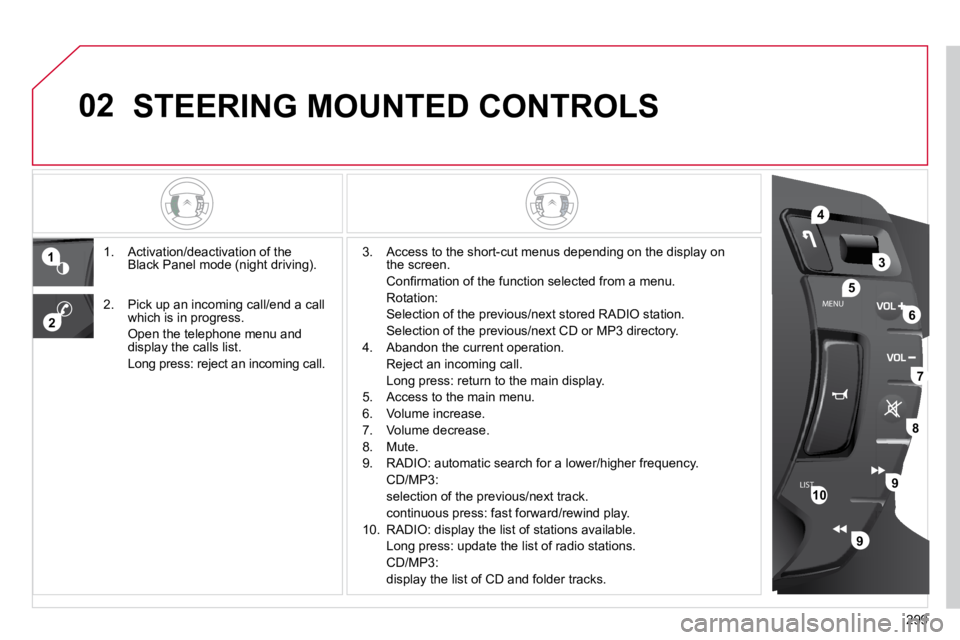CITROEN C5 2009  Owners Manual 299
02
LISTMENU
1
2
4
3
5
6
7
8
9
9
10
 STEERING MOUNTED CONTROLS 
�1�.� �  �A�c�t�i�v�a�t�i�o�n�/�d�e�a�c�t�i�v�a�t�i�o�n� �o�f� �t�h�e� �B�l�a�c�k� �P�a�n�e�l� �m�o�d�e� �(�n�i�g�h�t� �d�r�i�v�i�n�g