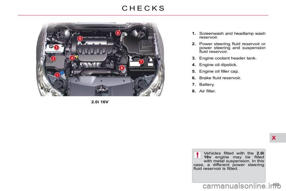 CITROEN C5 2007  Owners Manual X
!
165 
�C �H �E �C �K �S
� �V�e�h�i�c�l�e�s�  �ﬁ� �t�t�e�d�  �w�i�t�h�  �t�h�e�  � 2.0i 
16v � �  �e�n�g�i�n�e�  �m�a�y�  �b�e�  �ﬁ� �t�t�e�d� 
�w�i�t�h� �m�e�t�a�l� �s�u�s�p�e�n�s�i�o�n�.� �I�n