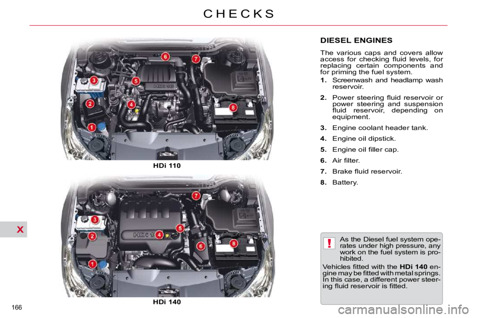 CITROEN C5 2007  Owners Manual X
!
166 
�C �H �E �C �K �S
DIESEL ENGINES 
� �T�h�e�  �v�a�r�i�o�u�s�  �c�a�p�s�  �a�n�d�  �c�o�v�e�r�s�  �a�l�l�o�w�  
�a�c�c�e�s�s�  �f�o�r�  �c�h�e�c�k�i�n�g�  �ﬂ� �u�i�d�  �l�e�v�e�l�s�,�  �f�o�