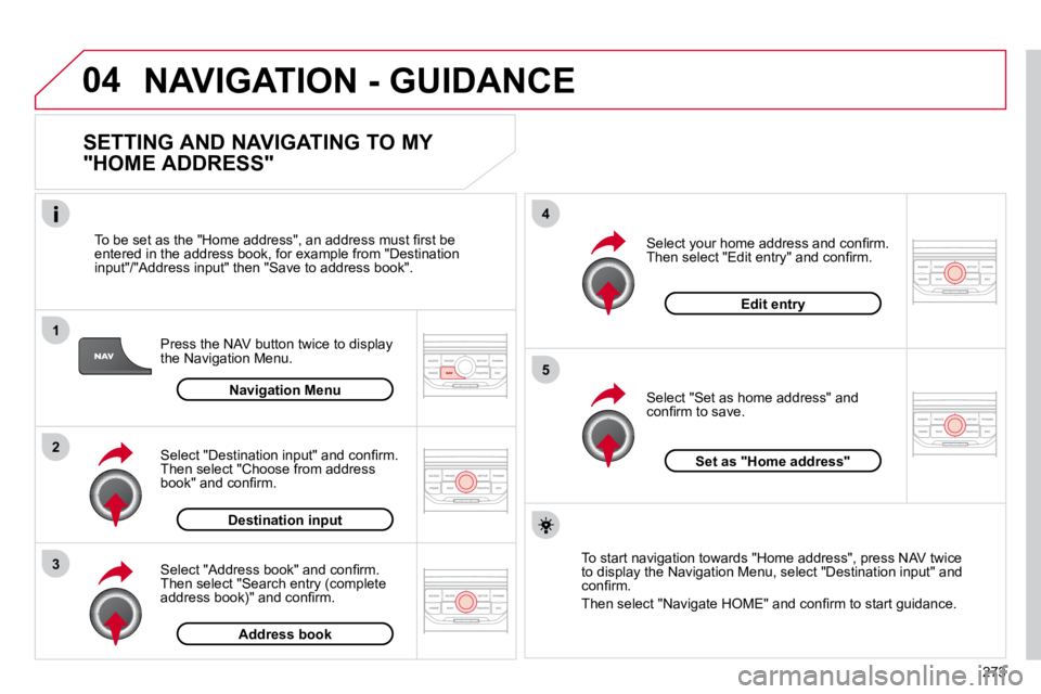 CITROEN C5 2007  Owners Manual 04
1
2
3
5
4
273
NAVIGATION - GUIDANCE
  SETTING AND NAVIGATING TO MY  
"HOME ADDRESS" 
� � �P�r�e�s�s� �t�h�e� �N�A�V� �b�u�t�t�o�n� �t�w�i�c�e� �t�o� �d�i�s�p�l�a�y� �t�h�e� �N�a�v�i�g�a�t�i�o�n� �M