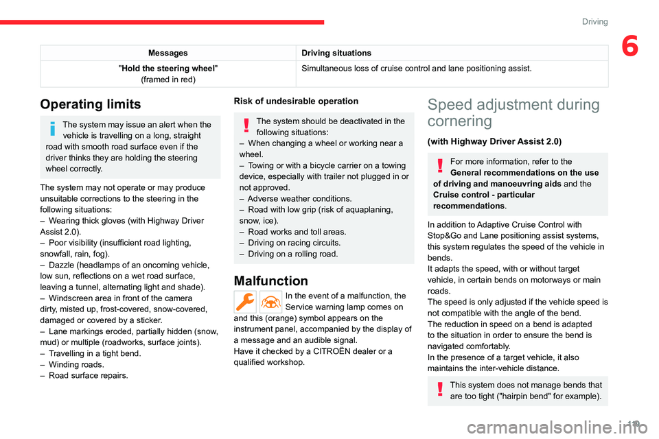 CITROEN C5 X 2023  Owners Manual 11 9
Driving
6MessagesDriving situations
"Hold the steering wheel "
(framed in red) Simultaneous loss of cruise control and lane positioning assist.
Operating limits
The system may issue an al