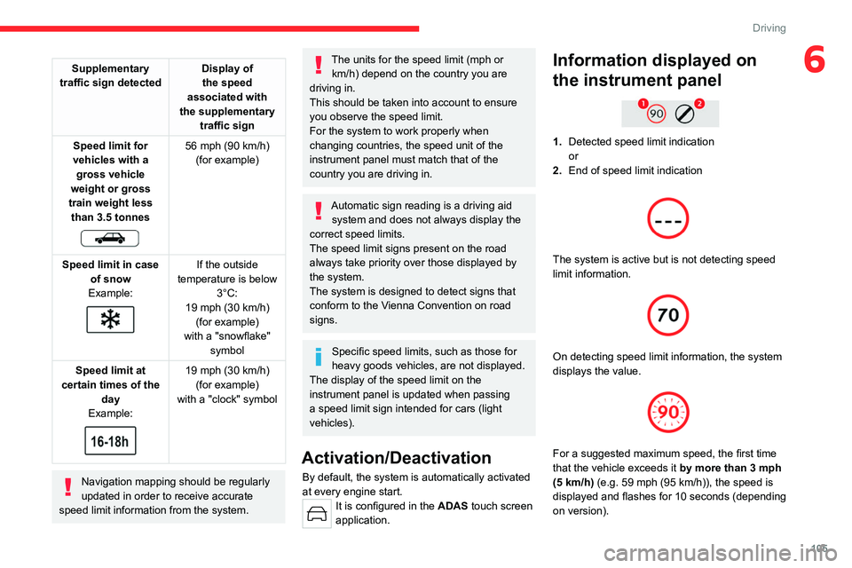 CITROEN C5 X 2022 Owners Manual 105
Driving
6Supplementary
traffic sign detected Display of
the speed
associated with
the supplementary traffic sign
Speed limit for
vehicles with a gross vehicle
weight or gross
train weig CITROEN C5 X 2022 Owners Manual 105
Driving
6Supplementary
traffic sign detected Display of
the speed
associated with
the supplementary traffic sign
Speed limit for
vehicles with a gross vehicle
weight or gross
train weig