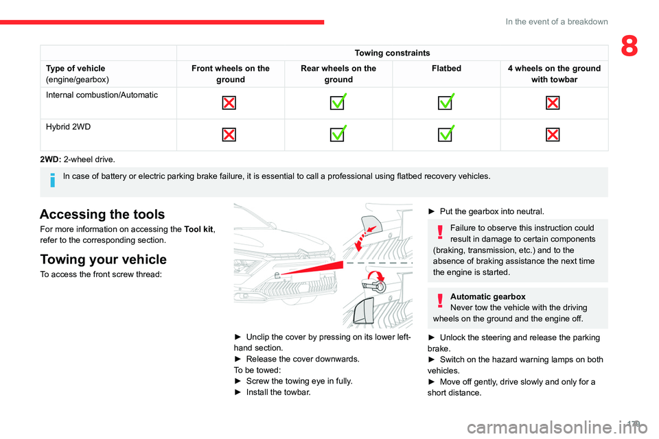 CITROEN C5 X 2022 Owners Manual 179
In the event of a breakdown
8Towing constraints
Type of vehicle
(engine/gearbox) Front wheels on the
ground Rear wheels on the
ground Flatbed
4 wheels on the ground
with towbar
Internal combust CITROEN C5 X 2022 Owners Manual 179
In the event of a breakdown
8Towing constraints
Type of vehicle
(engine/gearbox) Front wheels on the
ground Rear wheels on the
ground Flatbed
4 wheels on the ground
with towbar
Internal combust