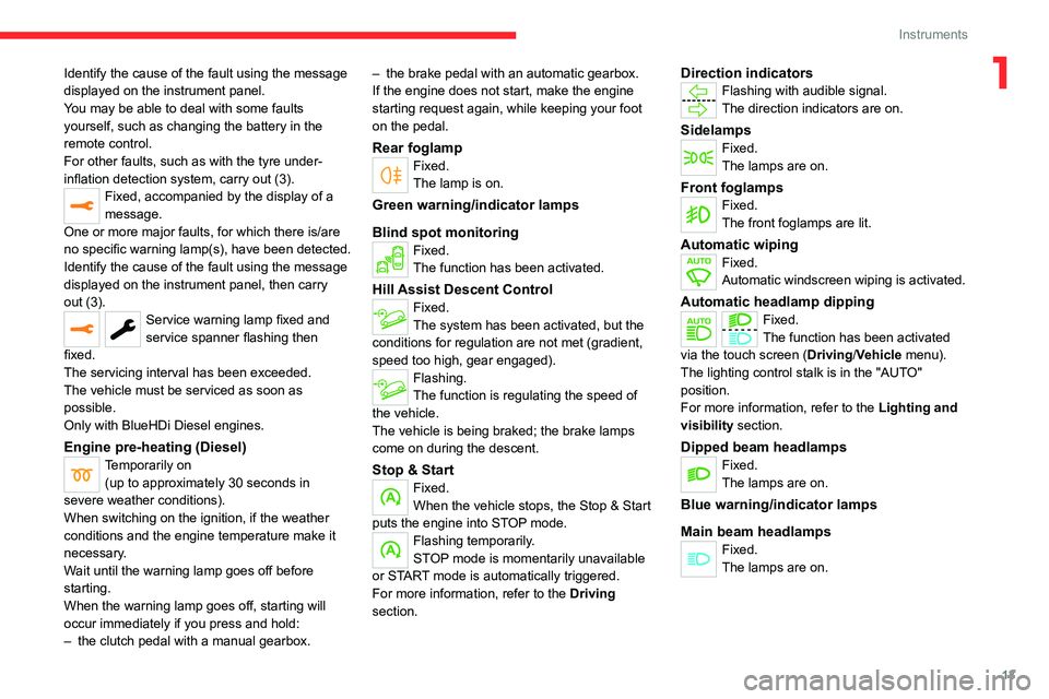 CITROEN C3 AIRCROSS 2023 User Guide 13
Instruments
1Identify the cause of the fault using the message 
displayed on the instrument panel.
You may be able to deal with some faults 
yourself, such as changing the battery in the 
remote co