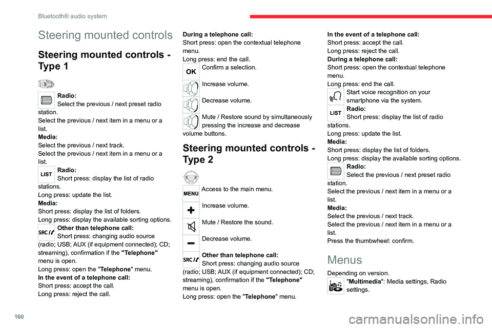 CITROEN C3 AIRCROSS 2023  Owners Manual 160
Bluetooth® audio system
"Telephone": Call, Directory 
management, Telephone management, 
Hang up.
"Trip computer". 
"Maintenance": Diagnosis, Warning log, 
etc.
"Conne