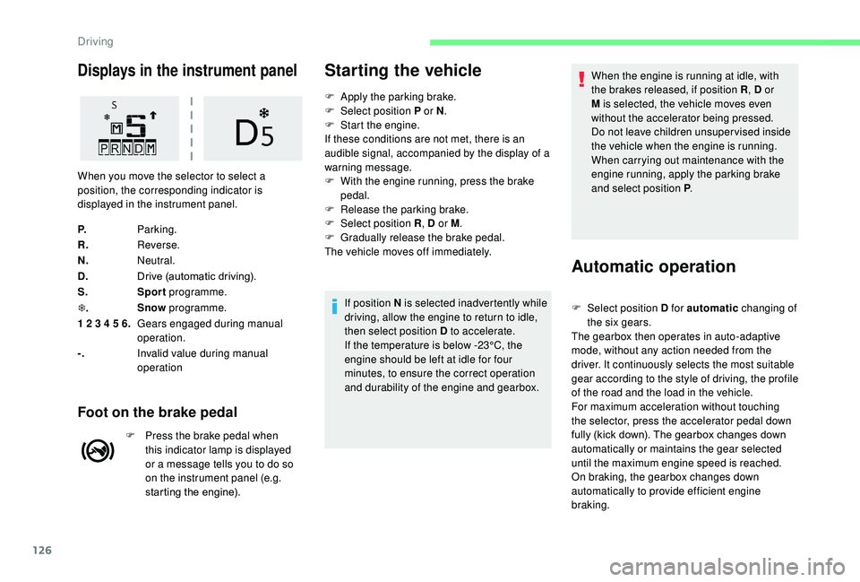 CITROEN C3 AIRCROSS 2022  Owners Manual 126
Displays in the instrument panel
P.Parking.
R. Reverse.
N. Neutral.
D. Drive (automatic driving).
S. Sport programme.
T . Snow
 programme.
1 2 3 4 5 6. Gears engaged during manual 
operation.
-. I