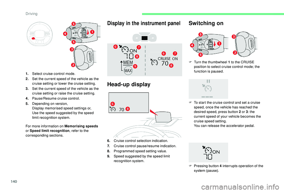 CITROEN C3 AIRCROSS 2022 Owners Manual 140
F Turn the thumbwheel 1 to the CRUISE position to select cruise control mode; the
function is paused.
1. Select cruise control mode.
2. Set the current speed of the vehicle as the
cruise setting CITROEN C3 AIRCROSS 2022 Owners Manual 140
F Turn the thumbwheel 1 to the CRUISE position to select cruise control mode; the
function is paused.
1. Select cruise control mode.
2. Set the current speed of the vehicle as the
cruise setting