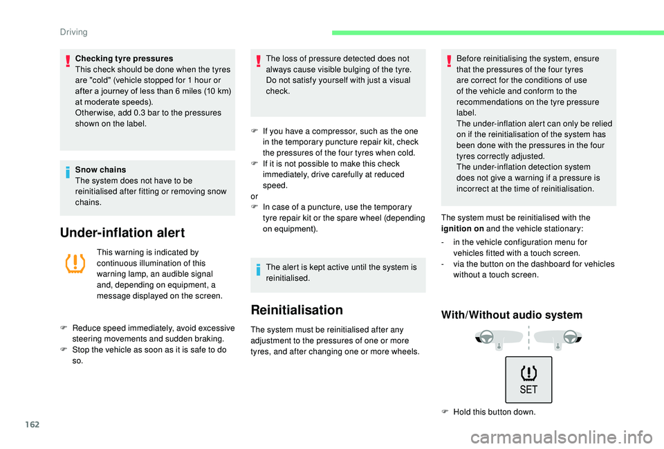 CITROEN C3 AIRCROSS 2022  Owners Manual 162
Checking tyre pressures
This check should be done when the tyres 
are "cold" (vehicle stopped for 1  hour or 
after a journey of less than 6
  miles (10   km) 
at moderate speeds).
Other w