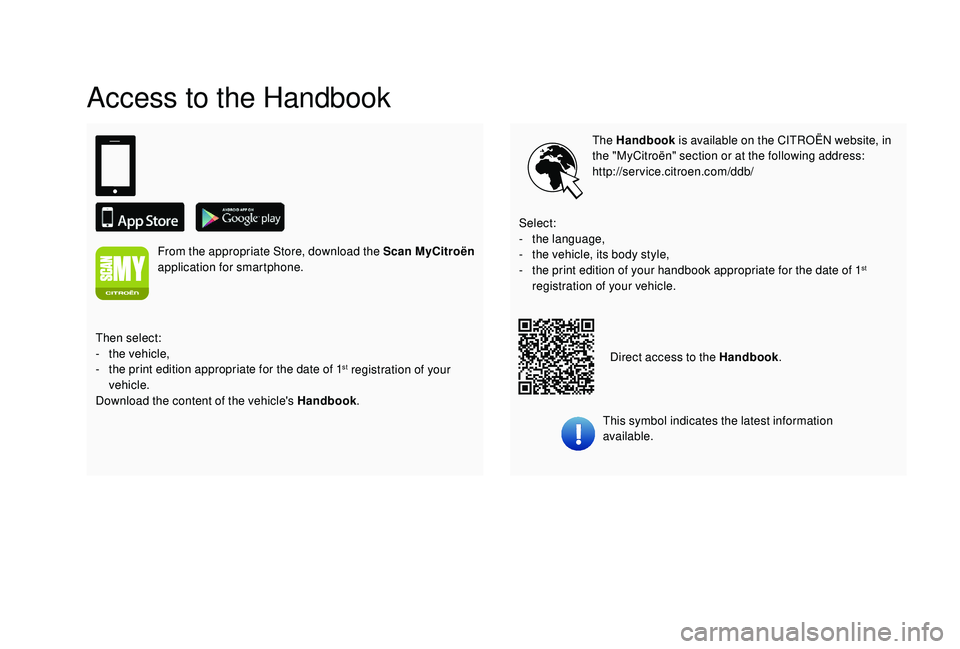 CITROEN C3 AIRCROSS 2018 Owners Manual Access to the Handbook
The Handbook is available on the CITROËN website, in
the "MyCitroën" section or at the following address:
http://service.citroen.com/ddb/
This symbol indicates the la CITROEN C3 AIRCROSS 2018 Owners Manual Access to the Handbook
The Handbook is available on the CITROËN website, in
the "MyCitroën" section or at the following address:
http://service.citroen.com/ddb/
This symbol indicates the la
