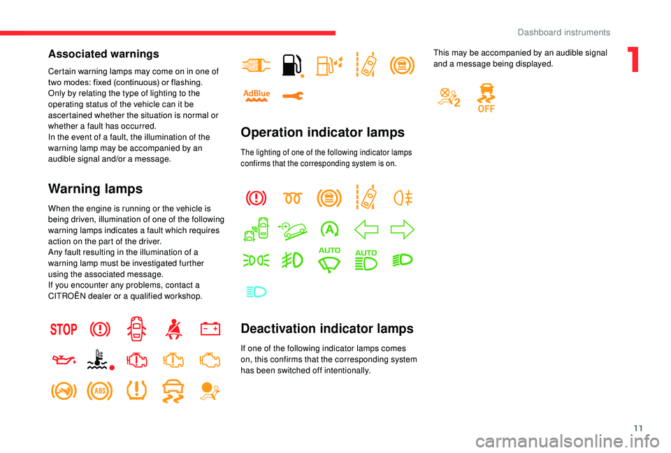 CITROEN C3 AIRCROSS 2018  Owners Manual 11
Associated warnings
Certain warning lamps may come on in one of 
two modes: fixed (continuous) or flashing.
Only by relating the type of lighting to the 
operating status of the vehicle can it be 
