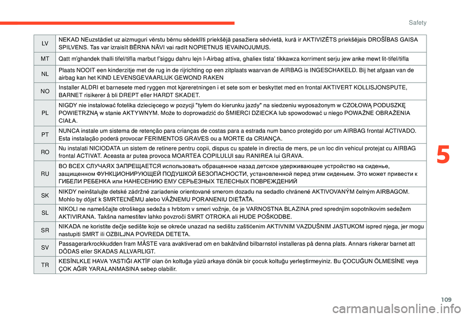 CITROEN C3 AIRCROSS 2017 Owners Manual 109
LVNEK AD NEuzstādiet uz aizmuguri vērstu bērnu sēdeklīti priekšējā pasažiera sēdvietā, kurā ir AKTIVIZĒTS priekšējais DROŠĪBAS GAISA
SPILVENS. Tas var izraisīt BĒRNA NĀVI vai CITROEN C3 AIRCROSS 2017 Owners Manual 109
LVNEK AD NEuzstādiet uz aizmuguri vērstu bērnu sēdeklīti priekšējā pasažiera sēdvietā, kurā ir AKTIVIZĒTS priekšējais DROŠĪBAS GAISA
SPILVENS. Tas var izraisīt BĒRNA NĀVI vai