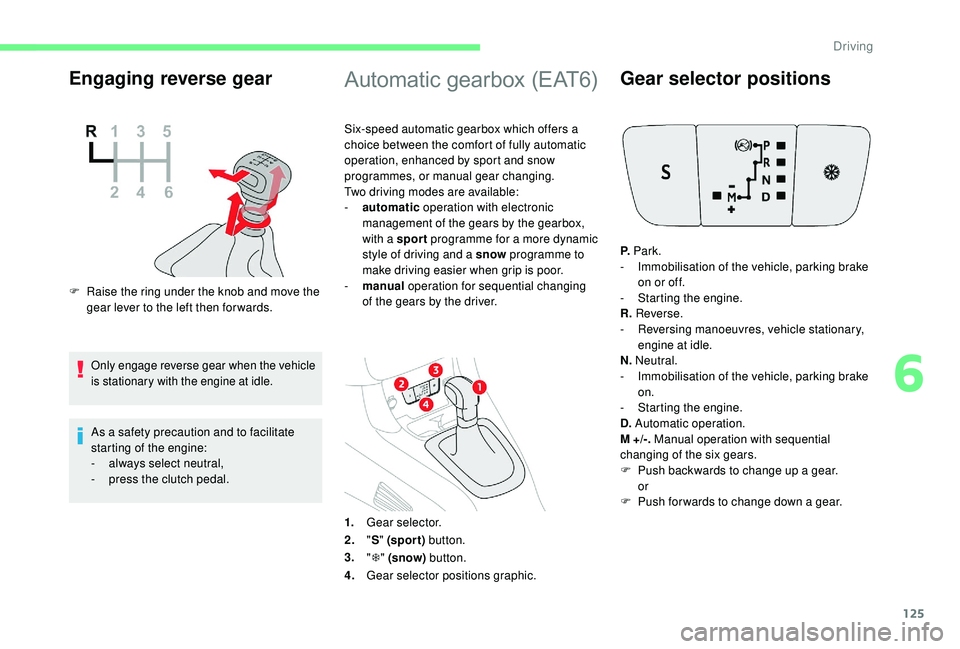 CITROEN C3 AIRCROSS 2017 Owners Manual 125
Engaging reverse gear
F Raise the ring under the knob and move the gear lever to the left then for wards.
Only engage reverse gear when the vehicle
is stationary with the engine at idle.
As a saf CITROEN C3 AIRCROSS 2017 Owners Manual 125
Engaging reverse gear
F Raise the ring under the knob and move the gear lever to the left then for wards.
Only engage reverse gear when the vehicle
is stationary with the engine at idle.
As a saf