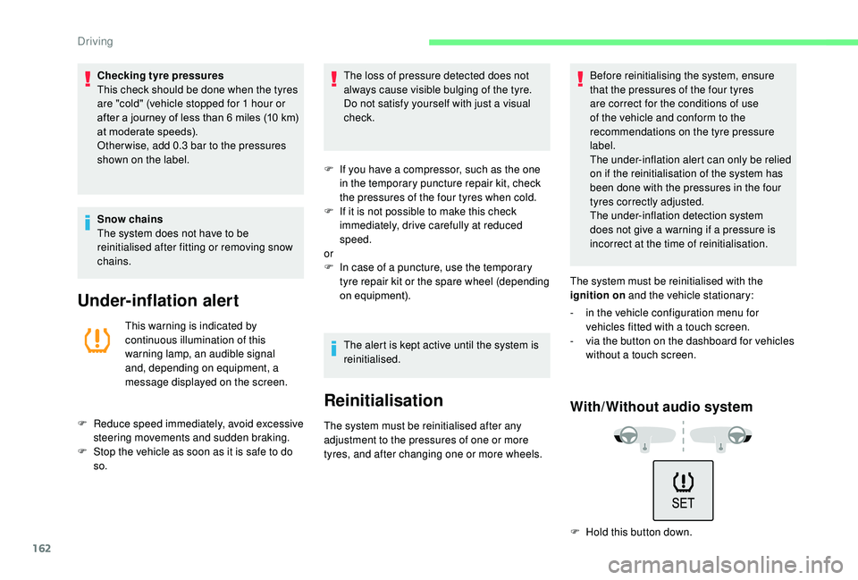 CITROEN C3 AIRCROSS 2017 Owners Manual 162
Checking tyre pressures
This check should be done when the tyres
are "cold" (vehicle stopped for 1 hour or
after a journey of less than 6
miles (10 km)
at moderate speeds).
Other w CITROEN C3 AIRCROSS 2017 Owners Manual 162
Checking tyre pressures
This check should be done when the tyres
are "cold" (vehicle stopped for 1 hour or
after a journey of less than 6
miles (10 km)
at moderate speeds).
Other w