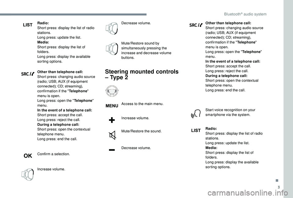 CITROEN C3 AIRCROSS 2017 Owners Manual 3
Radio:
Short press: display the list of radio
stations.
Long press: update the list.
Media:
Short press: display the list of
folders.
Long press: display the available
sorting options.
Other than CITROEN C3 AIRCROSS 2017 Owners Manual 3
Radio:
Short press: display the list of radio
stations.
Long press: update the list.
Media:
Short press: display the list of
folders.
Long press: display the available
sorting options.
Other than