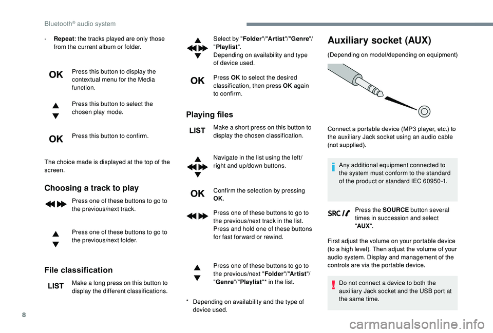 CITROEN C3 AIRCROSS 2017 Owners Manual 8
- Repeat: the tracks played are only those
from the current album or folder.
Press this button to display the
contextual menu for the Media
function.
Press this button to select the
chosen play CITROEN C3 AIRCROSS 2017 Owners Manual 8
- Repeat: the tracks played are only those
from the current album or folder.
Press this button to display the
contextual menu for the Media
function.
Press this button to select the
chosen play