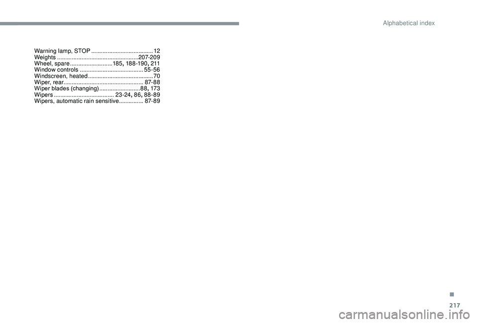 CITROEN C3 AIRCROSS 2017 Owners Manual 217
Warning lamp, STOP ......................................12
We ights ............... ................................... 207-209
Wheel, spare
.......................... 18
5, 18 8 -19 0 , 2 11
W CITROEN C3 AIRCROSS 2017 Owners Manual 217
Warning lamp, STOP ......................................12
We ights ............... ................................... 207-209
Wheel, spare
.......................... 18
5, 18 8 -19 0 , 2 11
W